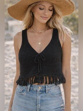 Pilcro Anthropologie Black Crochet Knit Fringe Tank Top Boho XS